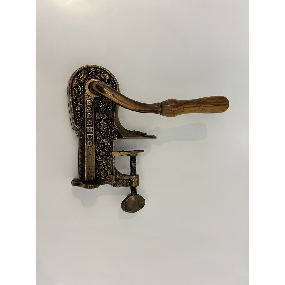 Vintage Bacchus Ornate Brass Wine Bottle Opener Table Vise Mount Corkscrew Italy
